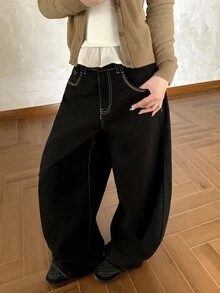 DAZY Women's Loose Casual English Letter Embroidered Korean Style Girl Aesthetic Versatile Jeans - Black - View 4