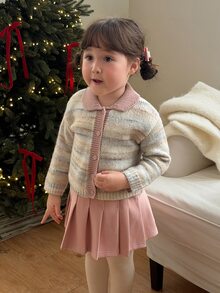DAZY Baby Girl Striped Long Sleeve Knit Cardigan With Collar, Autumn/Winter - Grey - View 3