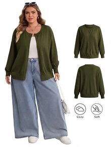 SHEIN CURVE+ 大尺碼休閒純色圓領長袖寬鬆女款上衣 - 軍綠色 - 查看 1