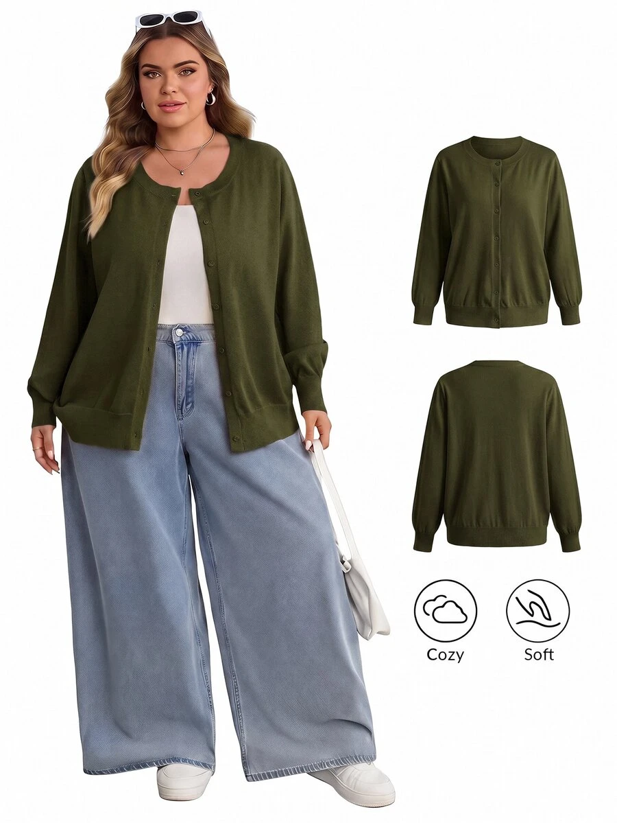 SHEIN CURVE+ 大尺碼休閒純色圓領長袖寬鬆女款上衣 - 軍綠色 - 查看 1