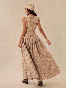 Easelle Women's Plaid Pattern Sleeveless Ruffle Hem Fitted Round Neck Elegant Boho Casual Long Dress Vacation Beige Summer Brunch - Multicolor - View 3