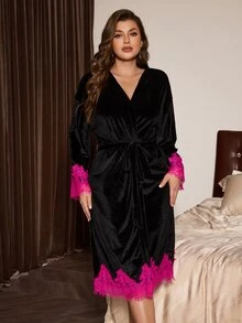 Slumberist Black Velvet Patchwork Rose Red Lace Drop Shoulder Long Sleeve Mid-Length Women's Robe - Black - View 3