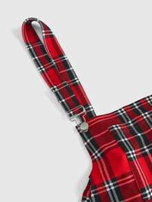 ROMWE Grunge Punk Plus Size Plaid Button Pleated Dress - Red - View 3