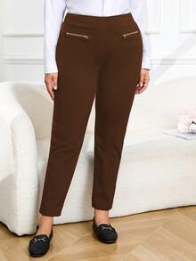 Plus Size Women Solid Color Casual Daily Wear Long Pants - Brown - View 5