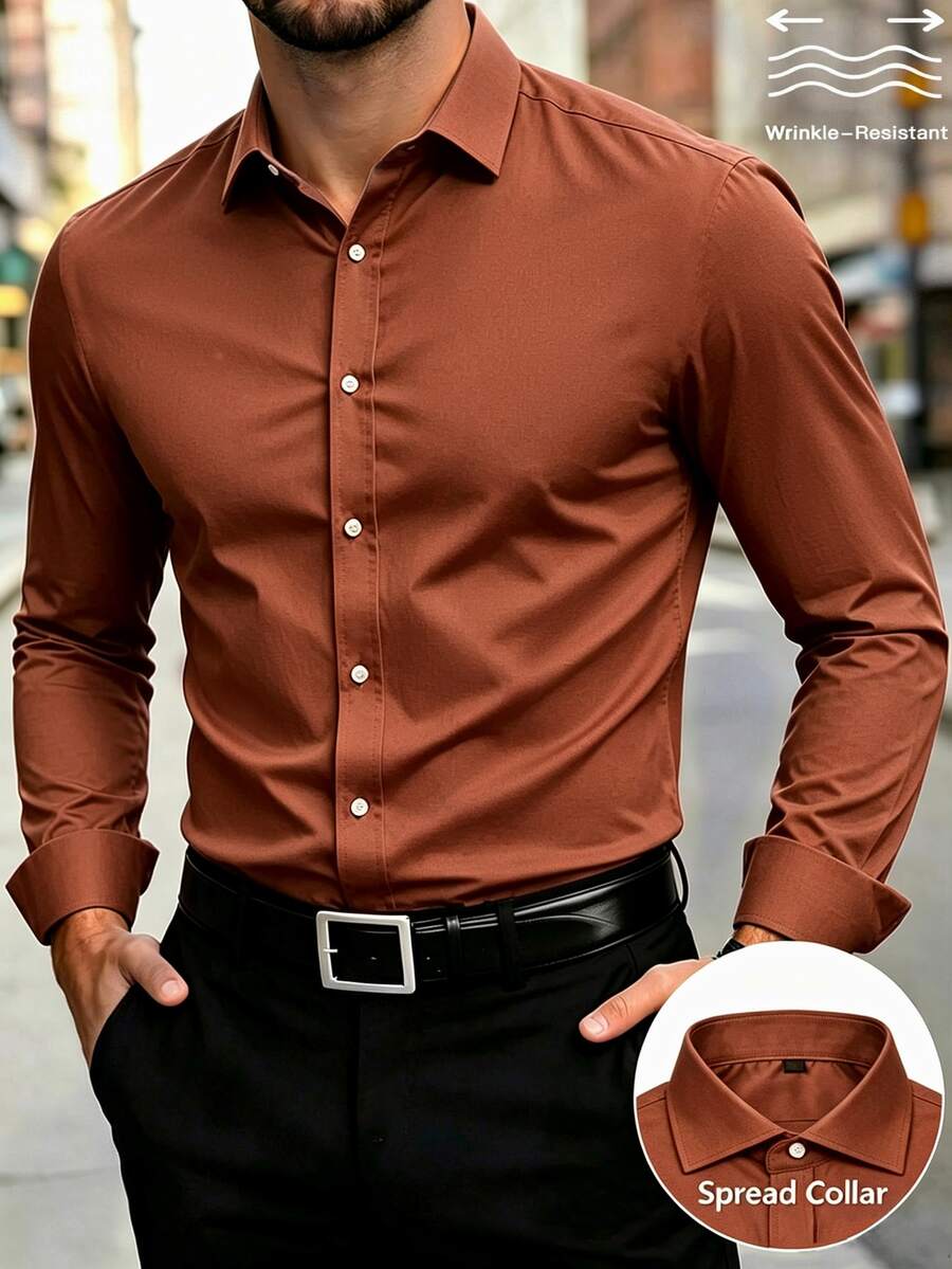 Manfinity Mode Men's Light Blue Business Casual Long Sleeve Versatile Shirt - Brown - View 1