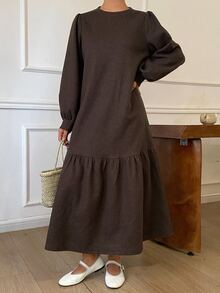DAZY Autumn/Winter Round Neck Deep Coffee Color Petal Sleeve Loose A-Line Skirt Simple Elegant Commute Daily Women's Mid-Length Dress - Coffee Brown - View 3