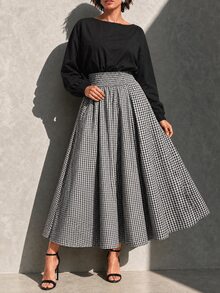 Linhara CURVE Round Neck Long Sleeve A-Line Skirt With Pockets Waist-Cinching Plaid Patchwork Long Dress - Black - View 5