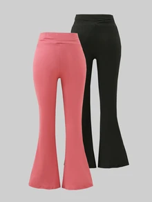 Girls' Teen Soft Comfortable Elastic Flare Casual Long Pants, High Elasticity Skin-Friendly Solid Color Sports Long Pants 2-Piece Set - Multicolor - View 2