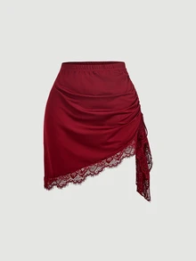 SHEIN MOD 女款蕾絲拼接百褶休閒日常迷你裙 - 酒紅色 - 查看 1