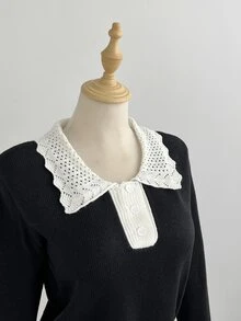 Sweetra Ruffled Collar Half-Button Short Long Sleeve Sweater - Black and White - View 4