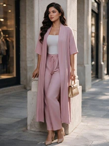Auveirra Plus Size Women Solid Color Open Front Long Robe And Pants Casual Daily 2 Pieces Set - Pink - View 5