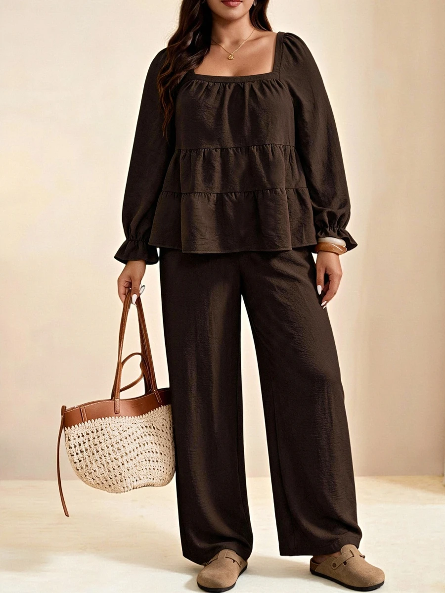 Edennvi Plus Size Casual Women's 2 Pieces Set Square Neck Layered Ruffle Long Sleeve Top & High Waist Wide Leg Pants Casual Daily Commute Outfit - Brown - View 1