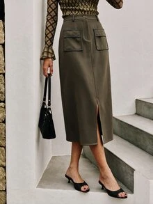 Nöista Misi Skirt Contrast Piping And Front Slit Opening - Khaki - View 3