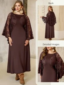 Roveilla Plus Size Women Dark Color Slimming Lace Back Drape Elegant Lady Party Banquet Dress - Brown - View 1