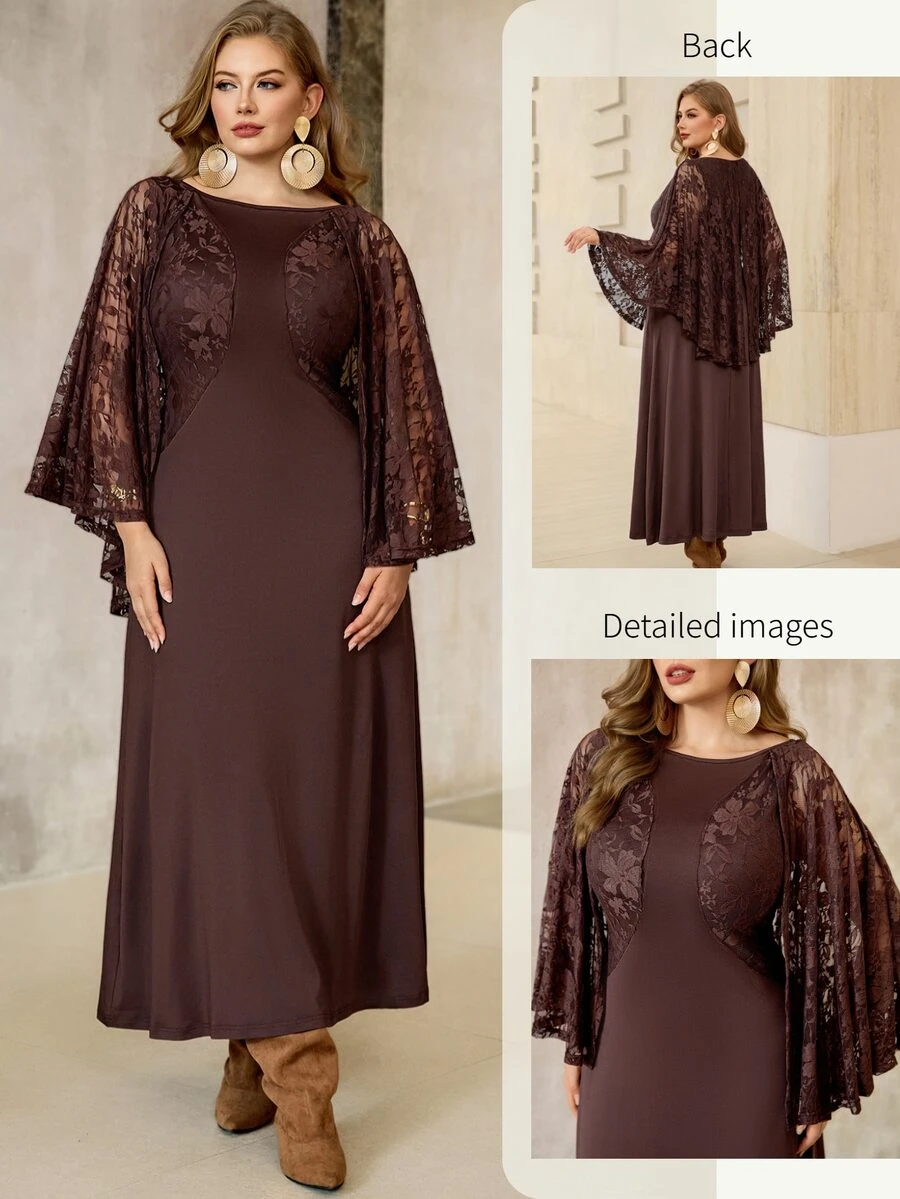 Roveilla Plus Size Women Dark Color Slimming Lace Back Drape Elegant Lady Party Banquet Dress - Brown - View 1