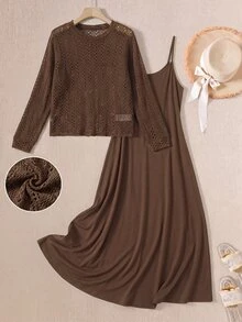 EMERY ROSE Middle-Aged Women Solid Color Slimming Spaghetti Strap Dress With Round Neck Hollow Long Sleeve Top Set - Rust Brown - View 1