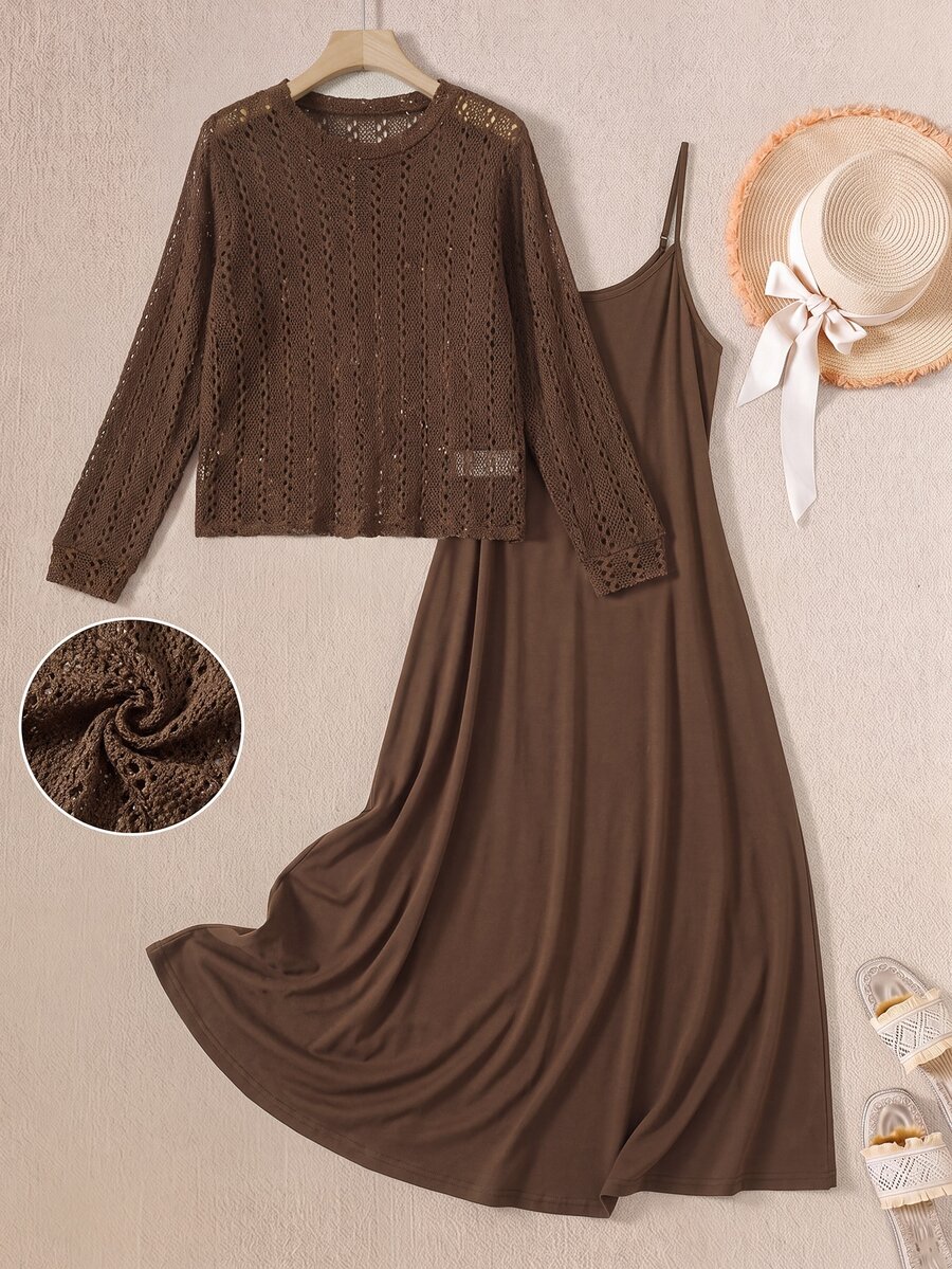 EMERY ROSE Middle-Aged Women Solid Color Slimming Spaghetti Strap Dress With Round Neck Hollow Long Sleeve Top Set - Rust Brown - View 1