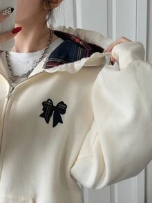 FRIFUL Women's Bow Embroidery Zipper Hooded Regular Jacket Suitable For Daily Wear School Everyday Cream White Autumn Casual Preppy - Apricot - View 5