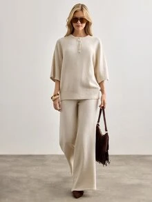 SHEIN طقم نسائي من قطعتين كاجوال بلون بيج حجري، كنزة فضفاضة بأزرار أمامية وبنطلون كنزة بساق واسعة - كريم - مشاهدة 4