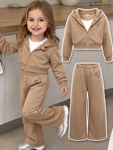 Baby Girls Heart Pattern Zipper Pullover Jacket And Loose Sweatpants Set - Khaki - View 6