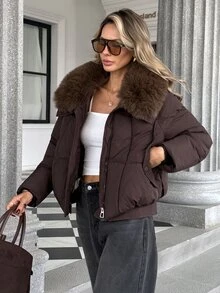 Pariaura Fashionable Elegant Slimming Detachable Large Fur Collar Padded Coat With Zipper Front And Side Pockets Loose Fit - Brown - View 4