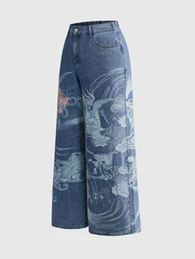 ROMWE Street Life Japanese Dragon & Floral Print Plus Size Denim Wide Leg Pants - Blue - View 6