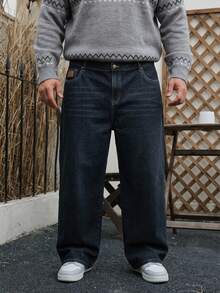 DAZY Spring/Autumn Navy Blue Original Color Denim Washed Distressed Plus Size Men's Jeans - Blue - View 6