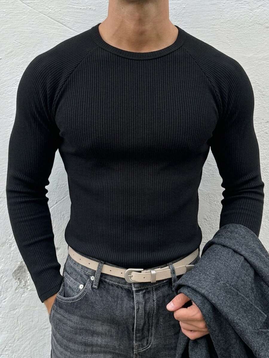 DAZY 春秋款黑色修身落肩袖圓領羅紋彈性針織面料街頭風男士T恤 - 黑色 - 查看 1