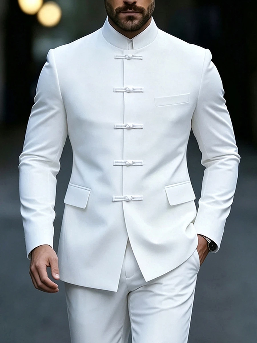 Manfinity AFTRDRK 男士優雅派對純色立領單排扣白色西裝外套與長褲套裝,節日禮物完美選擇 - 白色 - 查看 1