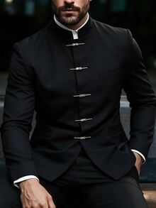 Manfinity AFTRDRK 男士優雅派對純色立領單排扣黑色西裝外套，完美的節日禮物選擇 - 黑色 - 查看 3