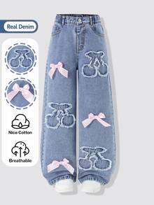 SHEIN 青少年女孩櫻桃補丁與粉色蝴蝶結牛仔寬腿休閒長褲 - 淺色水洗藍 - 查看 3