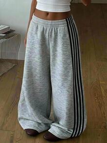 Girlism Kids Tween Girl Tween Girl Tween Girls Knit Light Gray Colorblock Tape Trim American College Style Loose Casual Versatile Pocket Wide Leg Sweatpants - Grey - View 3