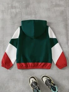 SHEIN 1件青少年男孩春秋款綠色/白色紅配色美式運動風字母印花拼接連帽拉鍊運動衫，寬鬆連帽袖版型，適合日常穿著、學校、戶外運動、短途旅行及攝影活動 - 綠色 - 查看 2