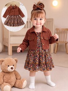 SHEIN Vintaside Kids 女嬰幼兒燈芯絨夾克與花朵細肩帶洋裝 2 件套，上衣：燈芯絨短款長袖夾克配翻領；內搭： - 棕色 - 查看 1