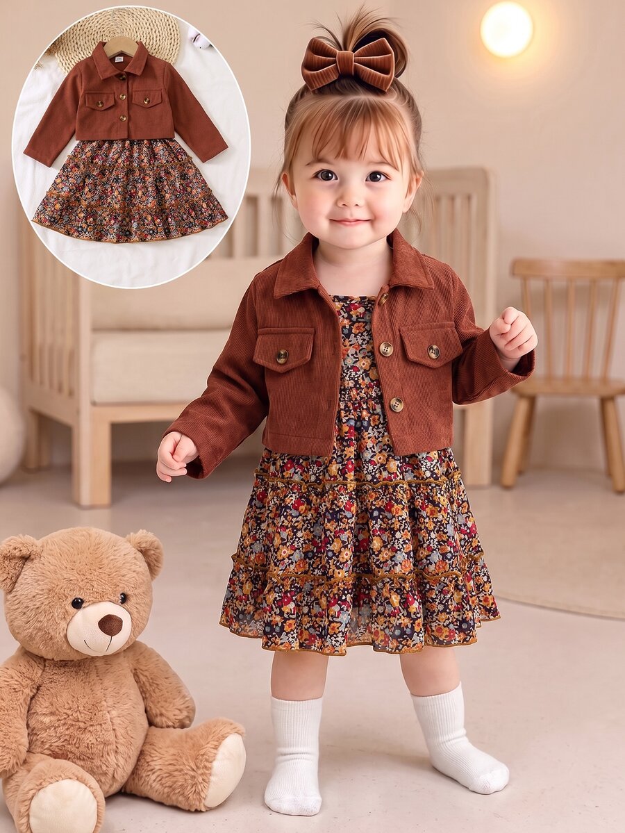 SHEIN Vintaside Kids 女嬰幼兒燈芯絨夾克與花朵細肩帶洋裝 2 件套,上衣:燈芯絨短款長袖夾克配翻領;內搭: - 棕色 - 查看 1