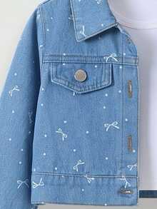 SHEIN 秋冬新款女童幼兒時尚蝴蝶結波點水洗牛仔套裝 2件組 短夾克 + 寬鬆直筒寬腿牛仔褲，適合日常穿著、假期、休閒外出與戶外活動 - 藍色 - 查看 5