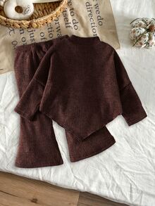 SHEIN Playful Pals Baby Girls Infant (Girl) Fall Winter Casual T-Shirt 2pcs Set Front Black Ribbon Bow Design Asymmetrical Pullover High Neck Knitted Ribbed Brushed - Brown - View 2