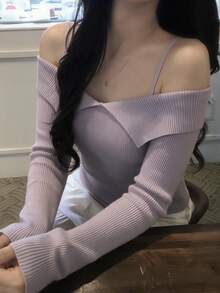 DAZY Solid Color Fitted Square Neck Long Sleeve Elegant Vacation Korean Style Autumn/Winter Knit Sweater For Women - Purple - View 1