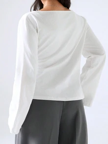 LYSMO Plus Size Solid Color Side Pocket Asymmetrical Hem Long Sleeve T-Shirt - White - View 2