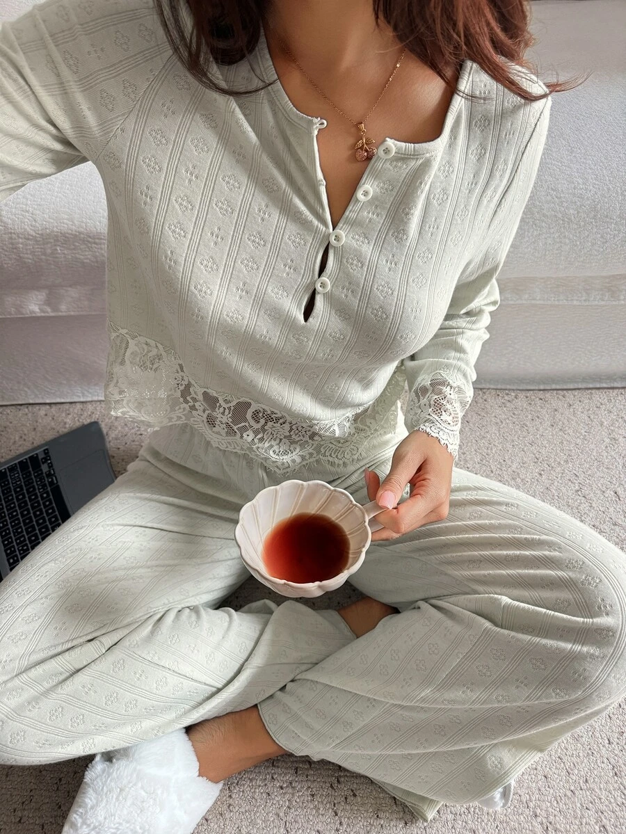 DAZY 女款蕾絲拼接長袖上衣與長褲休閒日常居家睡衣套裝 - 綠色 - 查看 1