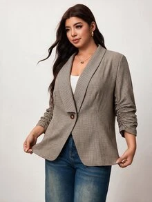 Enliva Plus Size Women's Plaid Blazer Single Button Notched Lapel Ruched Sleeve Office Casual Blazer Flattering Compatible With Apple Shape Rounded Body - Brown - View 5