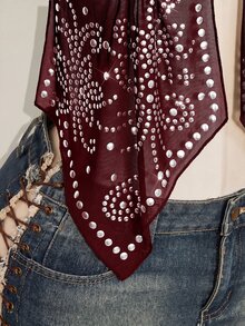 SHEIN ICON ملابس علوية نسائية Y2k سوداء مثيرة بتصميم قوطي مع مسامير معدنية وشبكة برقبة معلقة وحافة مشقوقة مثيرة - عنابي اللون - مشاهدة 12