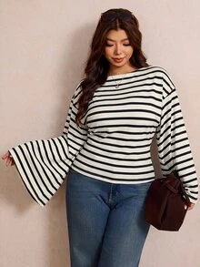 Elaquor Plus Size Minimalist Striped Colorblock Waist-Cinching T-Shirt For Daily Wear - Black and White - View 1