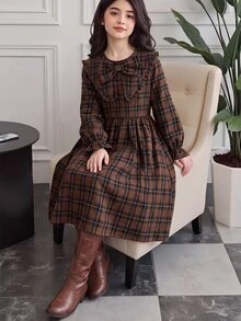 Tween女孩長袖格紋收腰蝴蝶結誇張領長洋裝 秋冬款 - 卡其色 - 查看 10