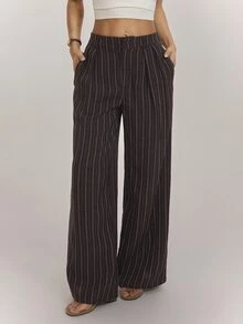 SHEIN PETITE Brown Striped Loose-Fit Trousers For Petite Women – Casual Workwear - Rust Brown - View 1