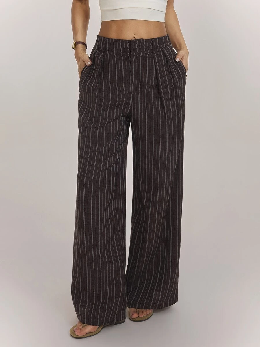 SHEIN PETITE Brown Striped Loose-Fit Trousers For Petite Women – Casual Workwear - Rust Brown - View 1