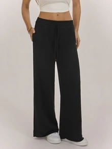 SHEIN Tall بنطال رياضي نسائي كاجوال بلون موحد وساق واسعة 2 قطعة - متعدد الألوان - مشاهدة 5