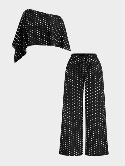 Sweetra Plus Size Women Polka Dot Pattern Asymmetrical Shoulder Top And Pants 2 Pieces Set