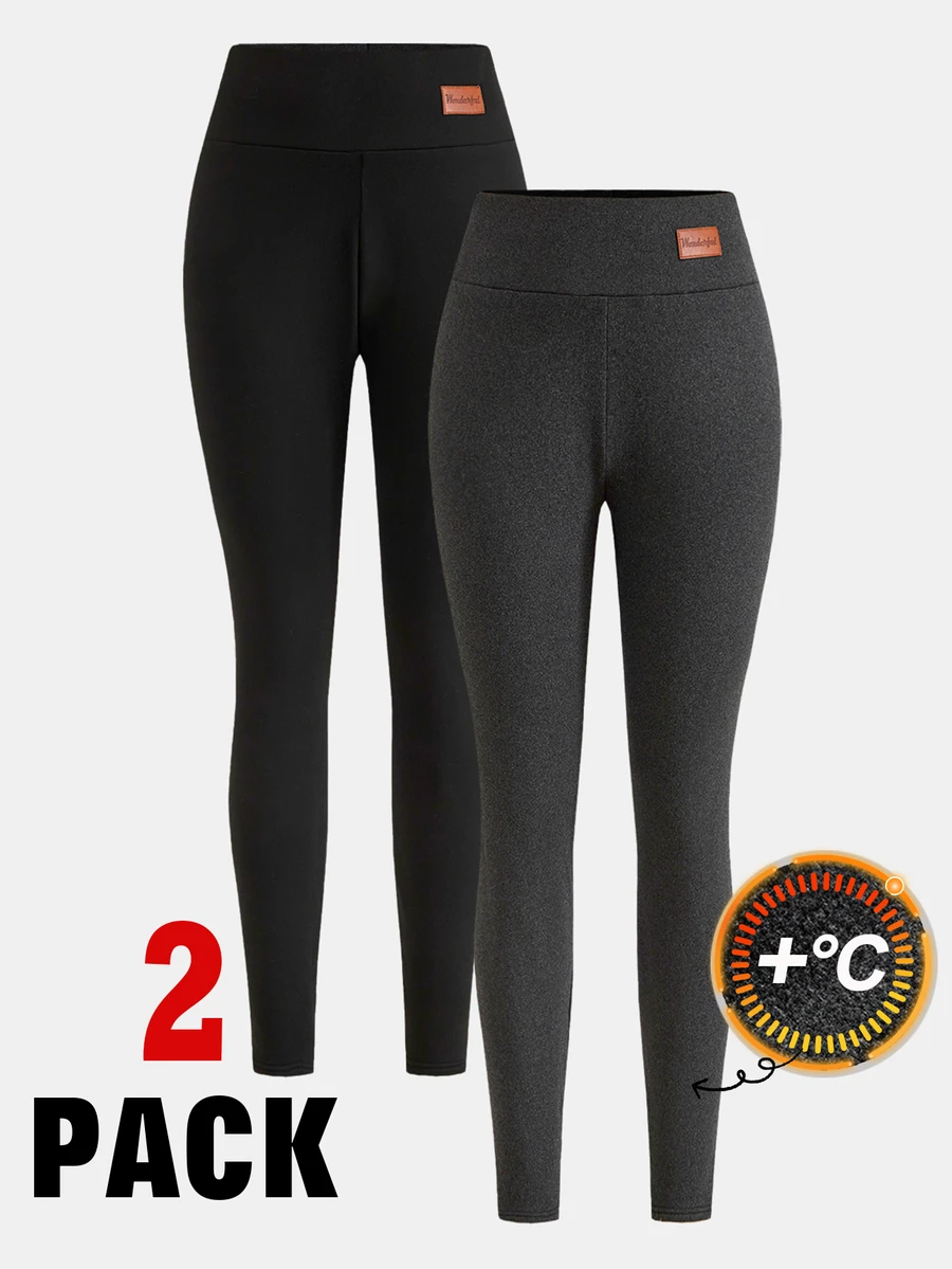 SHEIN Teen Girls Black Gray Fleece-Lined Thermal High-Rise Stretch Leggings 2pcs Set, Fall Outfits, Leggings, Winter, Cozy, Basic, Warm, Comfortable - Multicolor - View 1