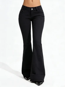 SHEIN PETITE Celana Denim Flare Kasual Serbaguna untuk Wanita - Hitam - View 7